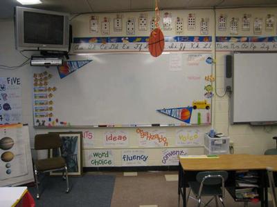 The white board with a few pennants