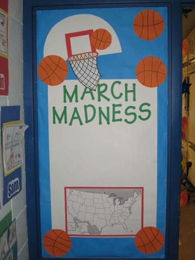 The bulletin board outside the room where we will locate the schools and record the bracket!